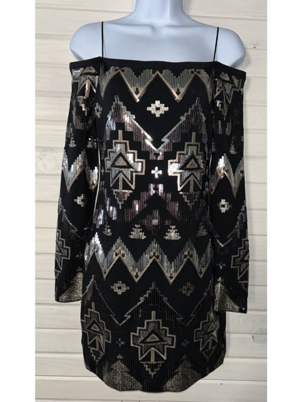 NWOT Express Dress SMALL Black Gold Metallic Aztec Sequin Off Shoulder Bodycon